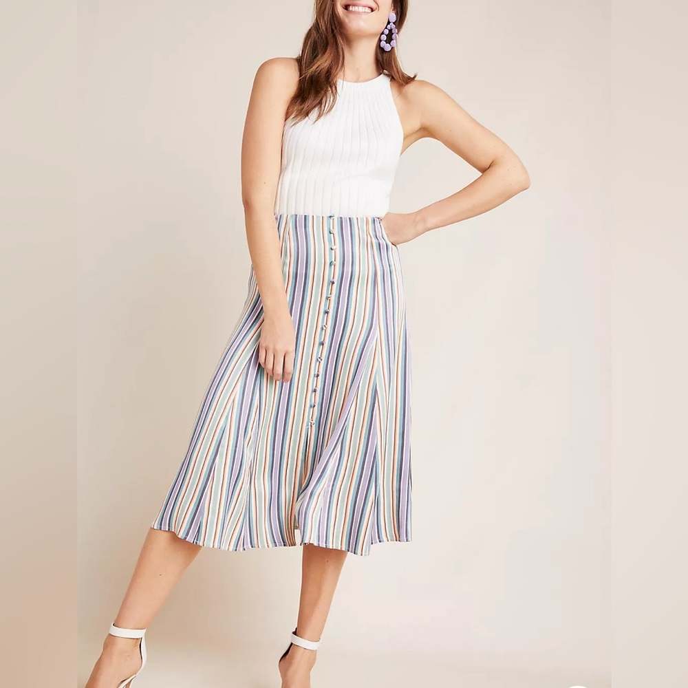 Maeve x Anthropologie Multicolor Striped Freya Midi Skirt Twee Boho Preppy Sz 12